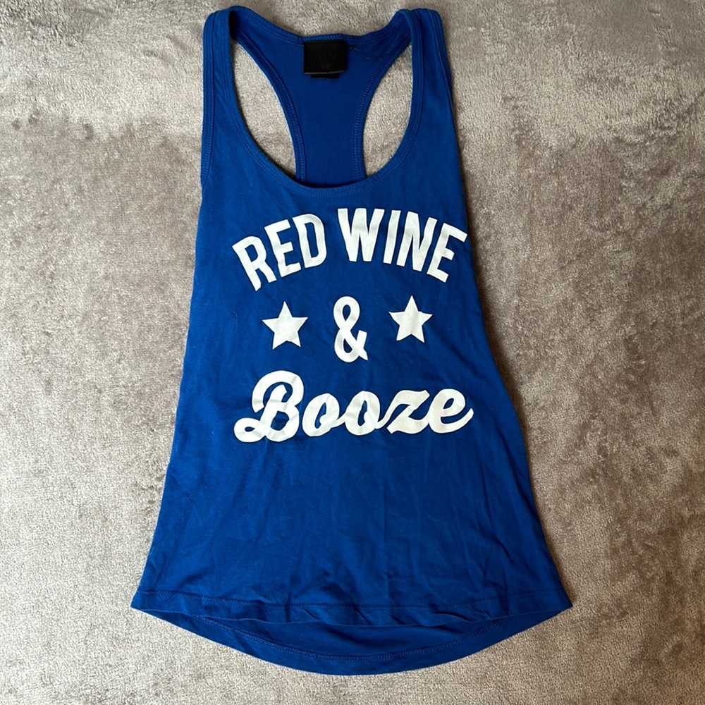 S “Red Wine & Booze” blue tank top